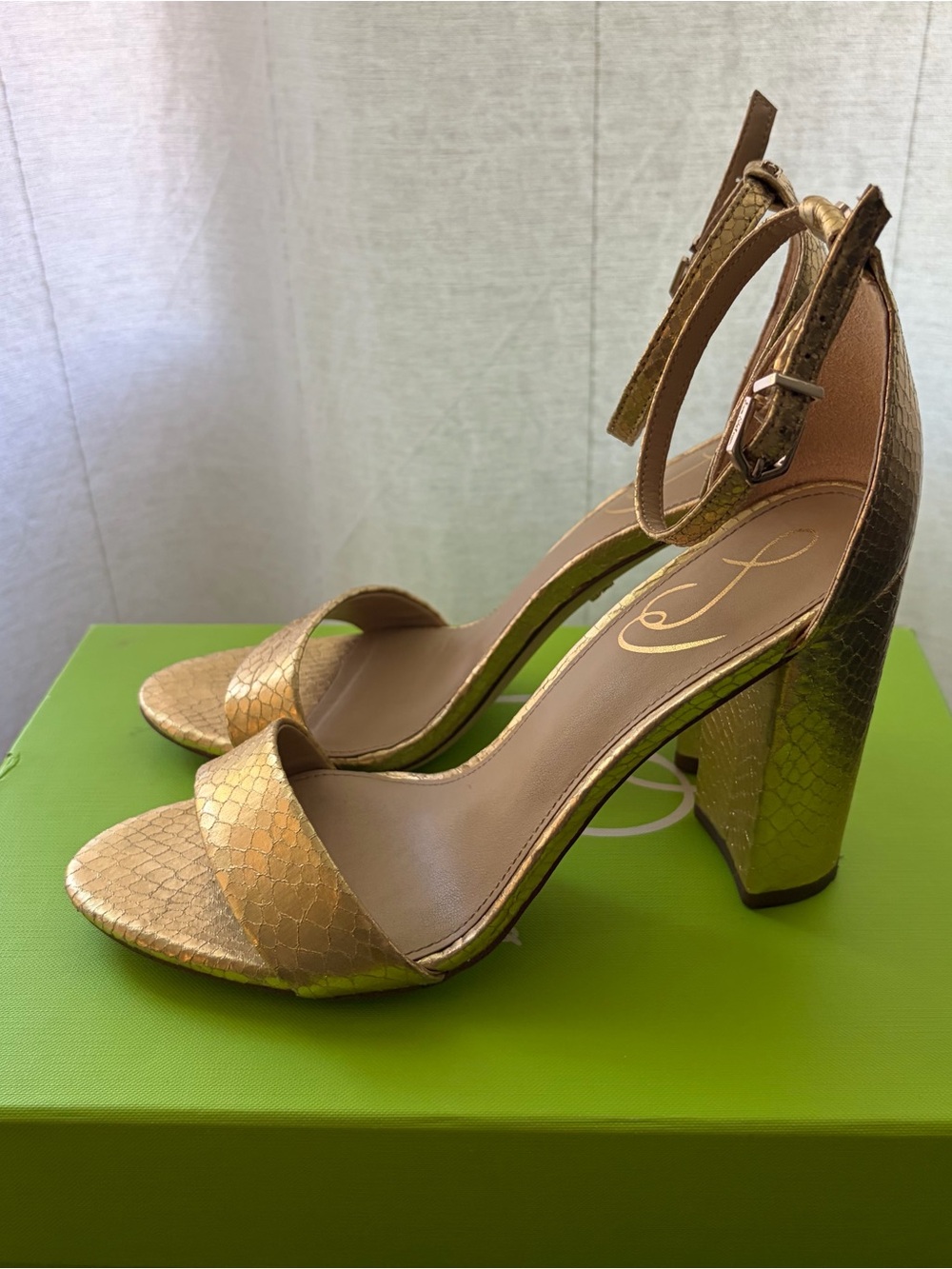 Sam Edelman Yaro Gold Snake Embossed Ankle Strap Sandals 7.5 M 38 - Picture 4 of 11